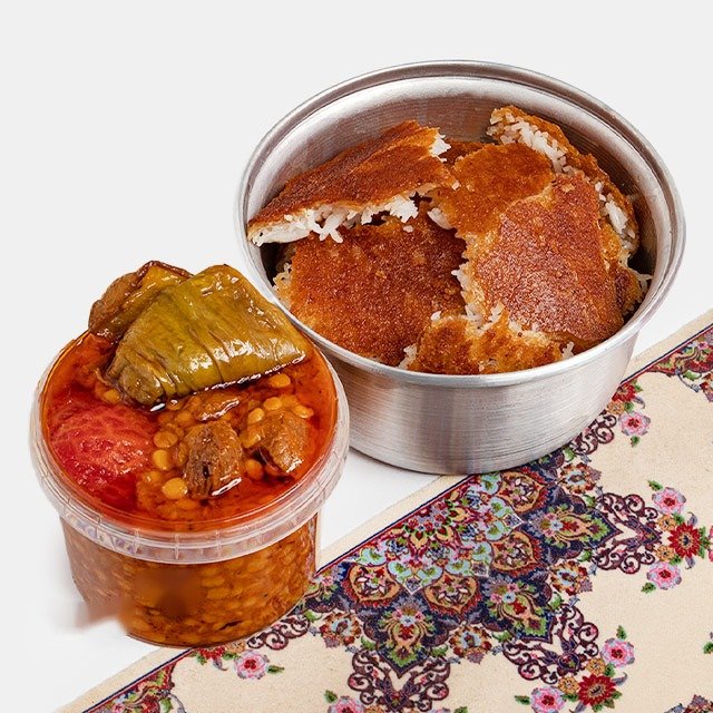 ته دیگ با خورش قیمه بادمجان