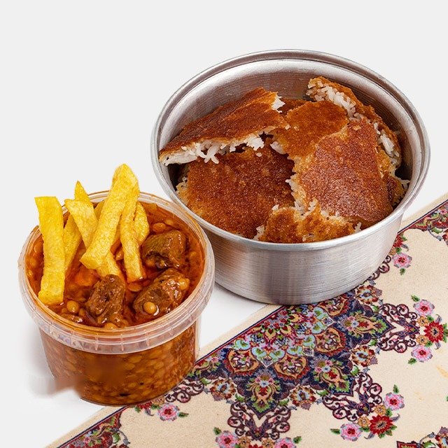 ته دیگ با خورش قیمه سیب زمینی